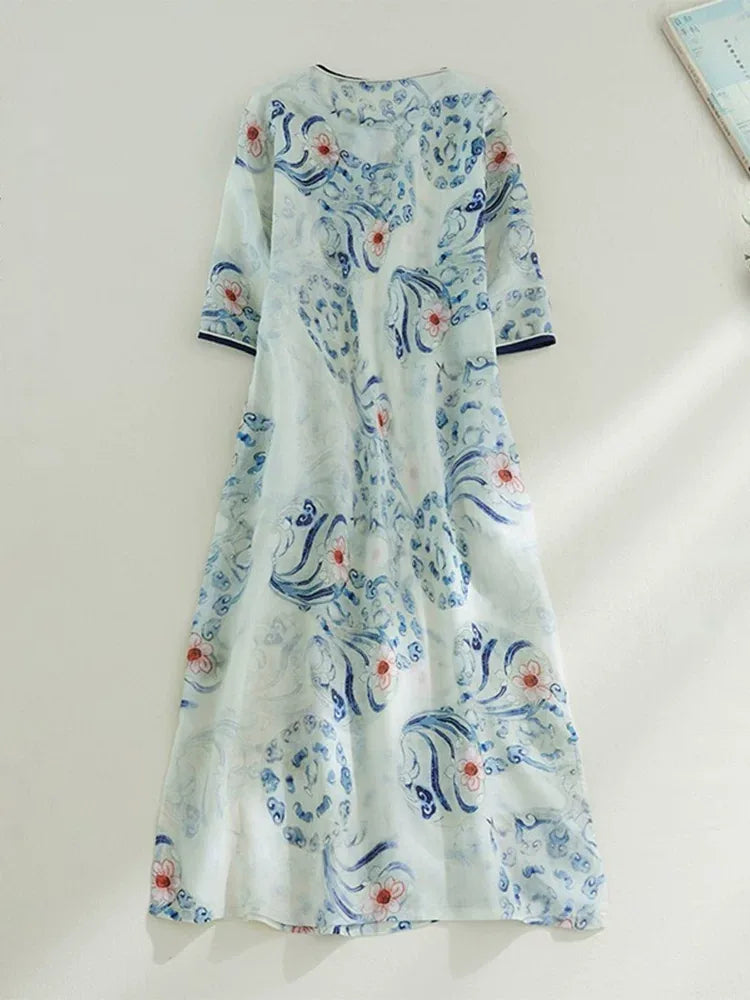 Blue and White Porcelain Print Asymmetrical Placket Maxi Dress