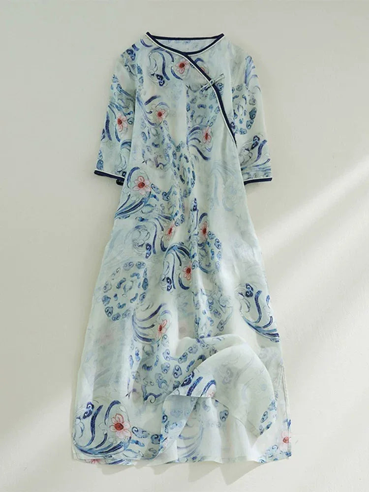 Blue and White Porcelain Print Asymmetrical Placket Maxi Dress