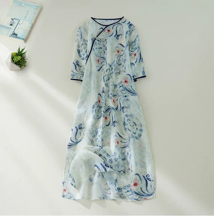 Blue and White Porcelain Print Asymmetrical Placket Maxi Dress