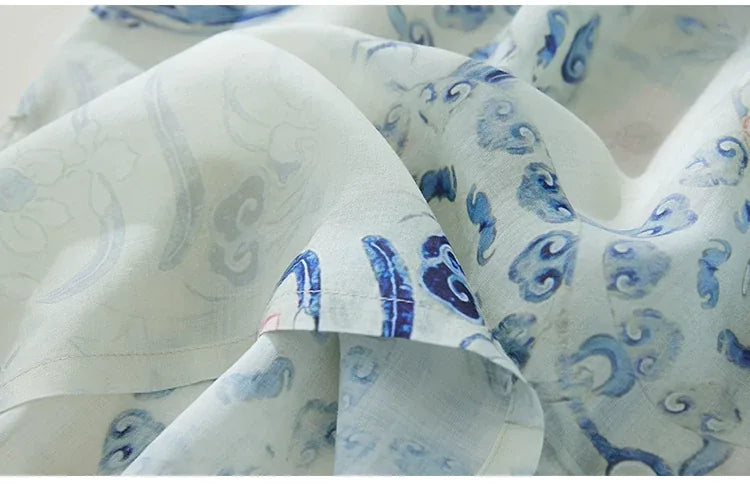 Blue and White Porcelain Print Asymmetrical Placket Maxi Dress