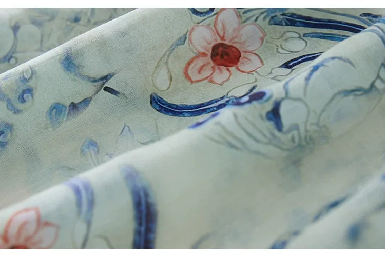 Blue and White Porcelain Print Asymmetrical Placket Maxi Dress