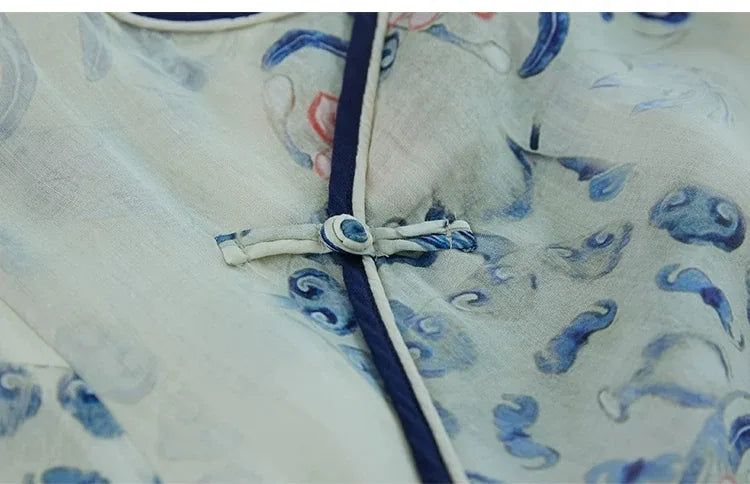 Blue and White Porcelain Print Asymmetrical Placket Maxi Dress