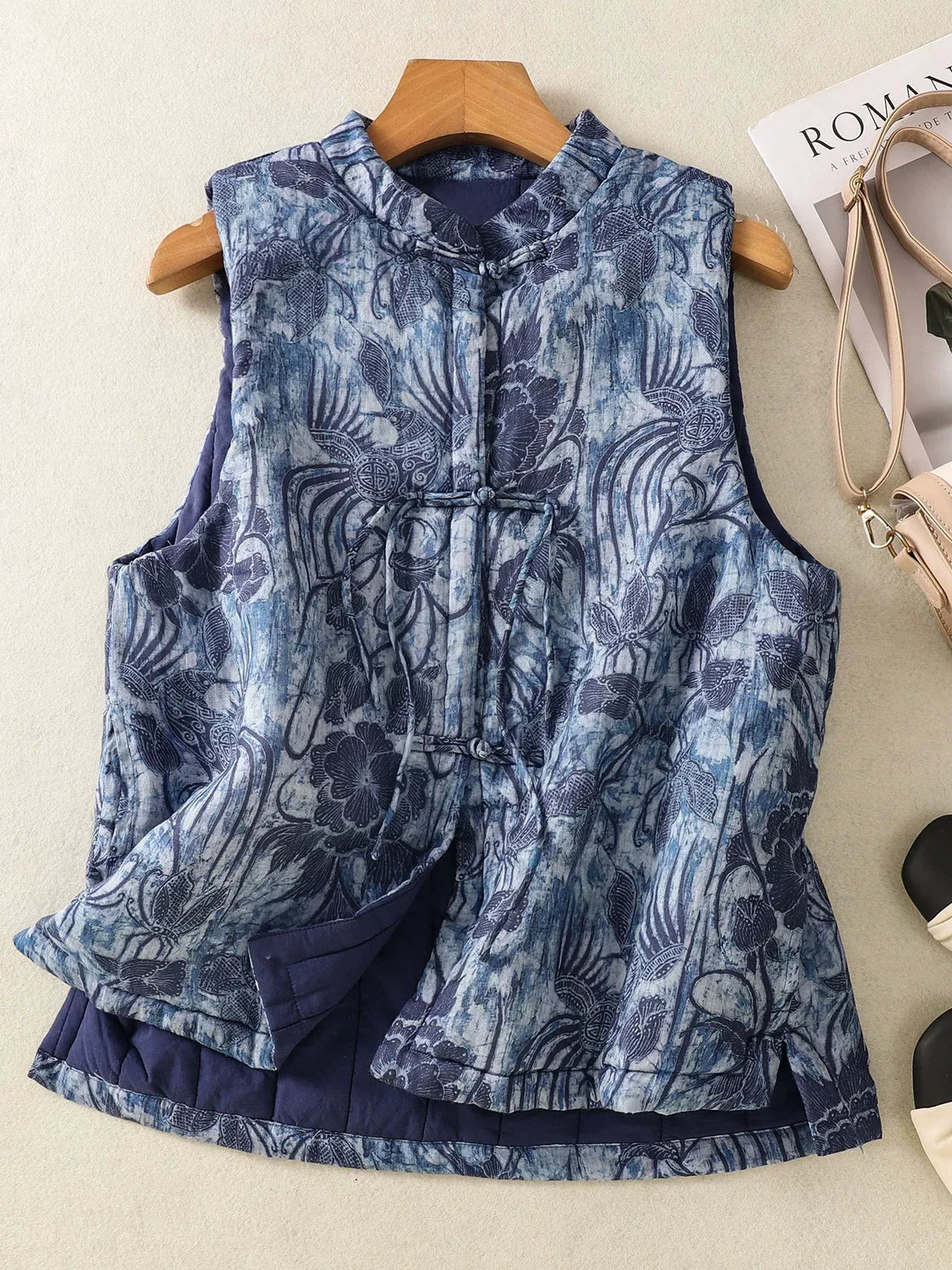 Blue Floral Jacquard Padded Vest with Frog Buttons