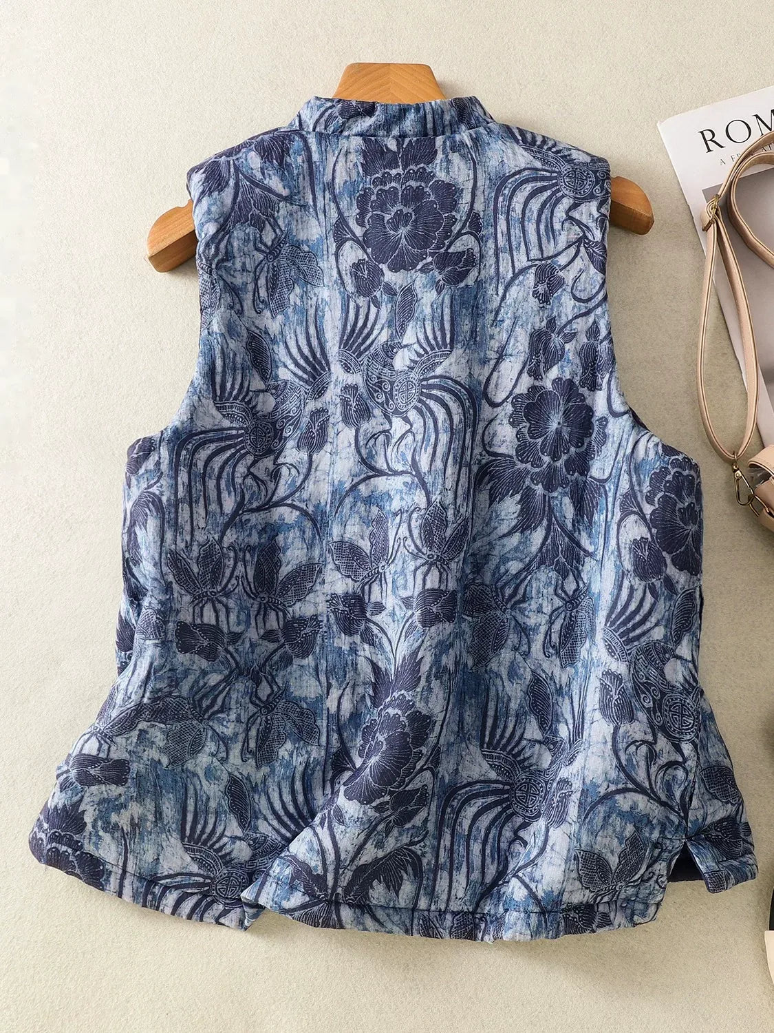 Blue Floral Jacquard Padded Vest with Frog Buttons