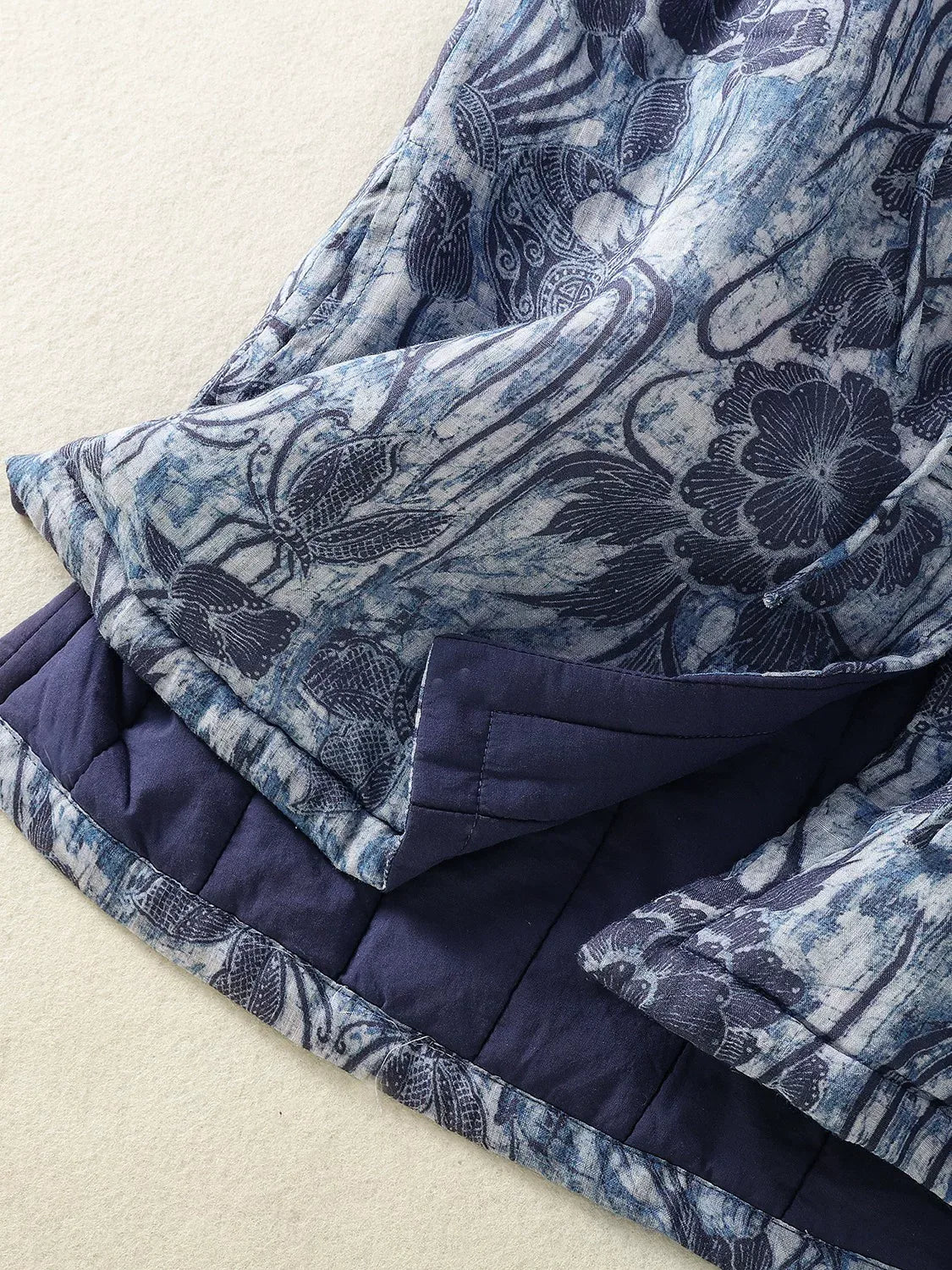 Blue Floral Jacquard Padded Vest with Frog Buttons