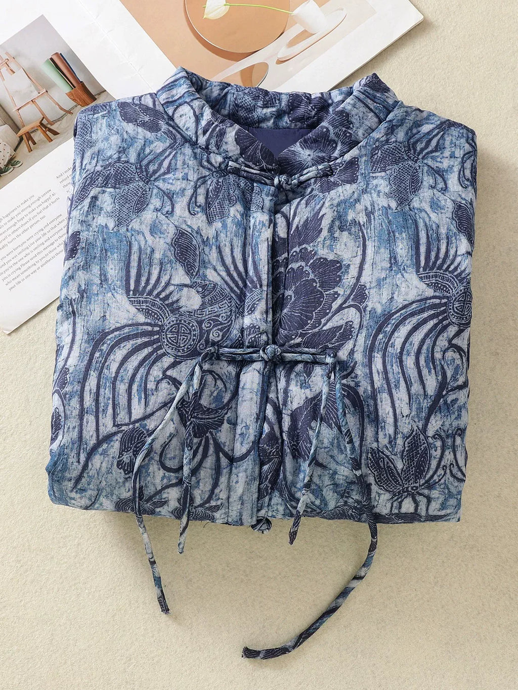 Blue Floral Jacquard Padded Vest with Frog Buttons