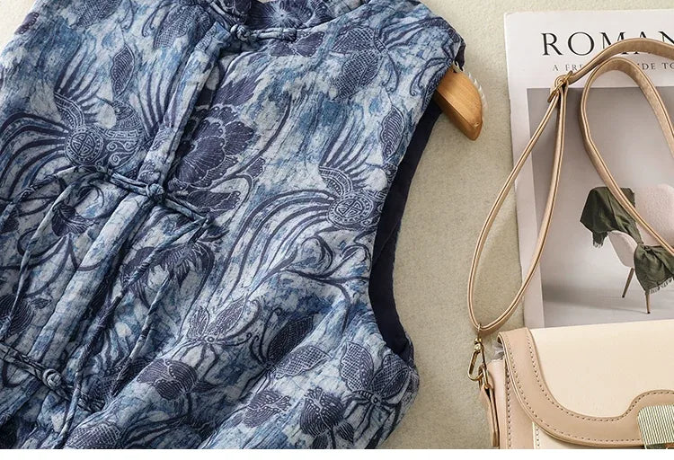 Blue Floral Jacquard Padded Vest with Frog Buttons