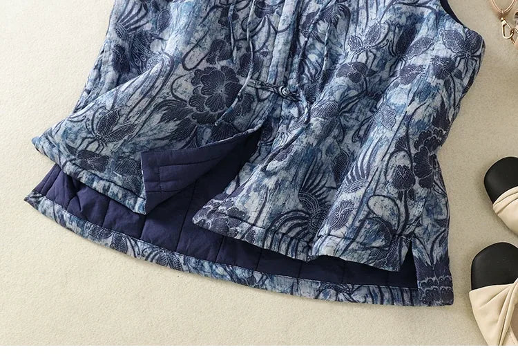 Blue Floral Jacquard Padded Vest with Frog Buttons