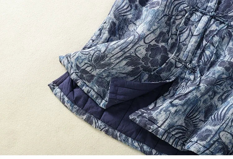 Blue Floral Jacquard Padded Vest with Frog Buttons