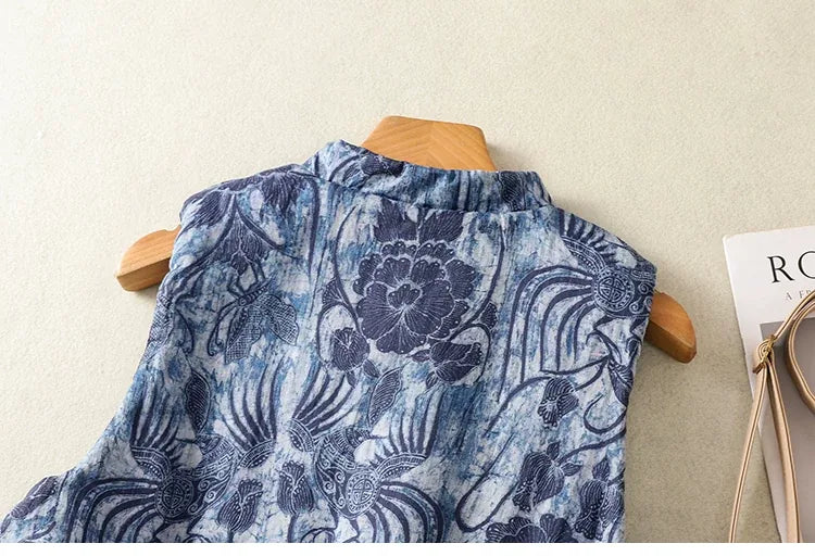 Blue Floral Jacquard Padded Vest with Frog Buttons
