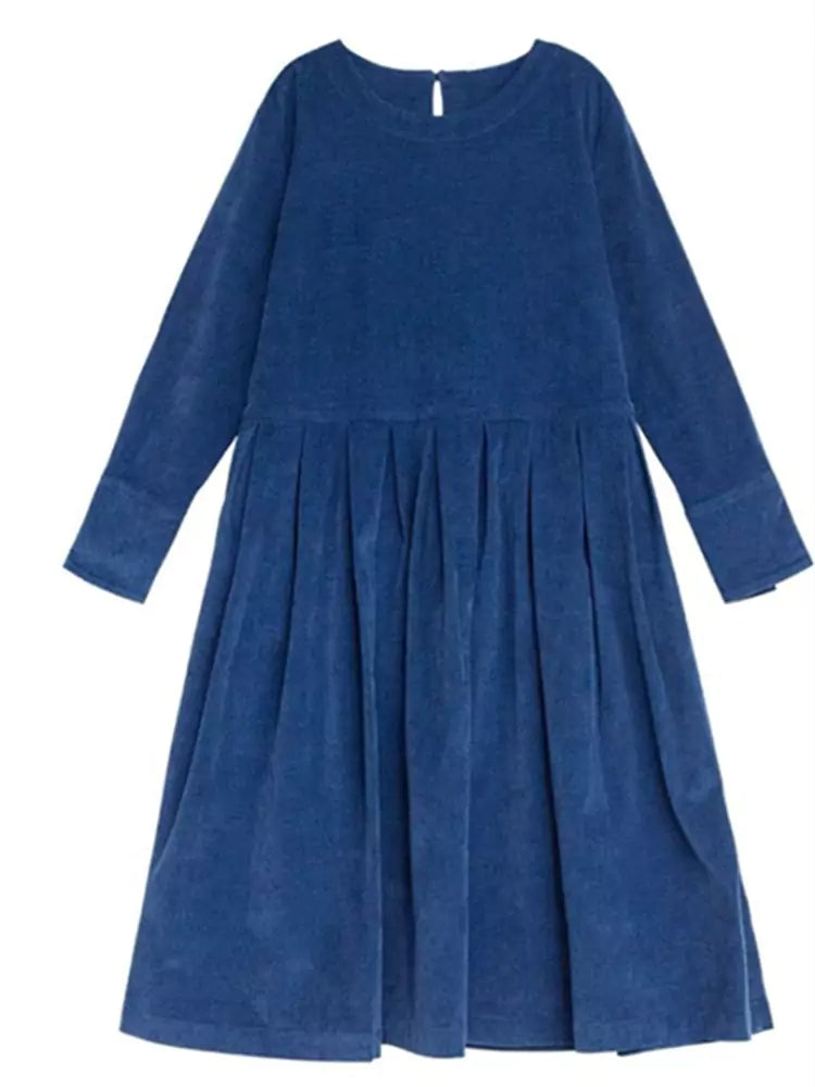 Retro Blue Oversized Ruched Corduroy Dress Pockets Fall