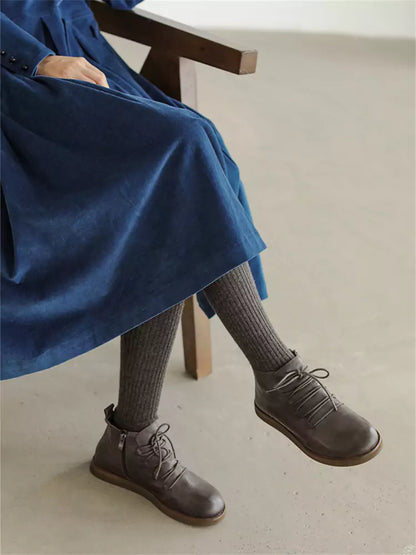 Vestido retro de pana fruncida de gran tamaño en azul con bolsillos para otoño