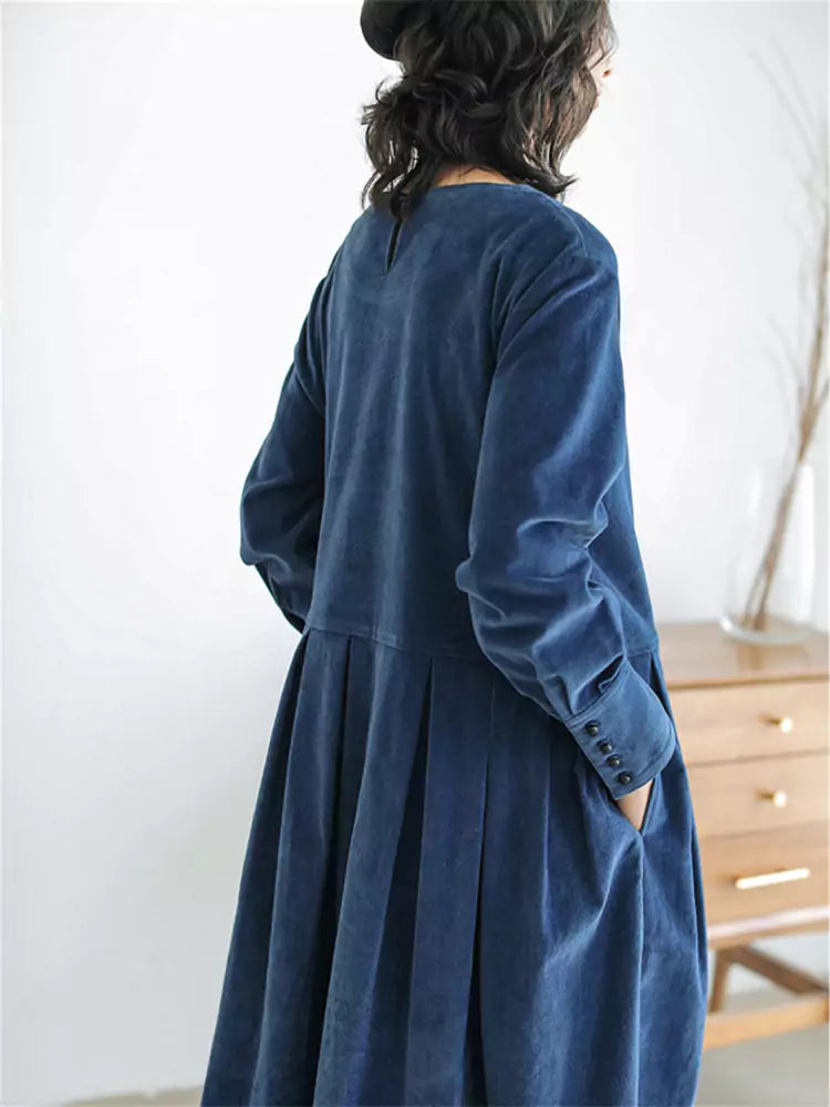 Retro Blue Oversized Ruched Corduroy Dress Pockets Fall