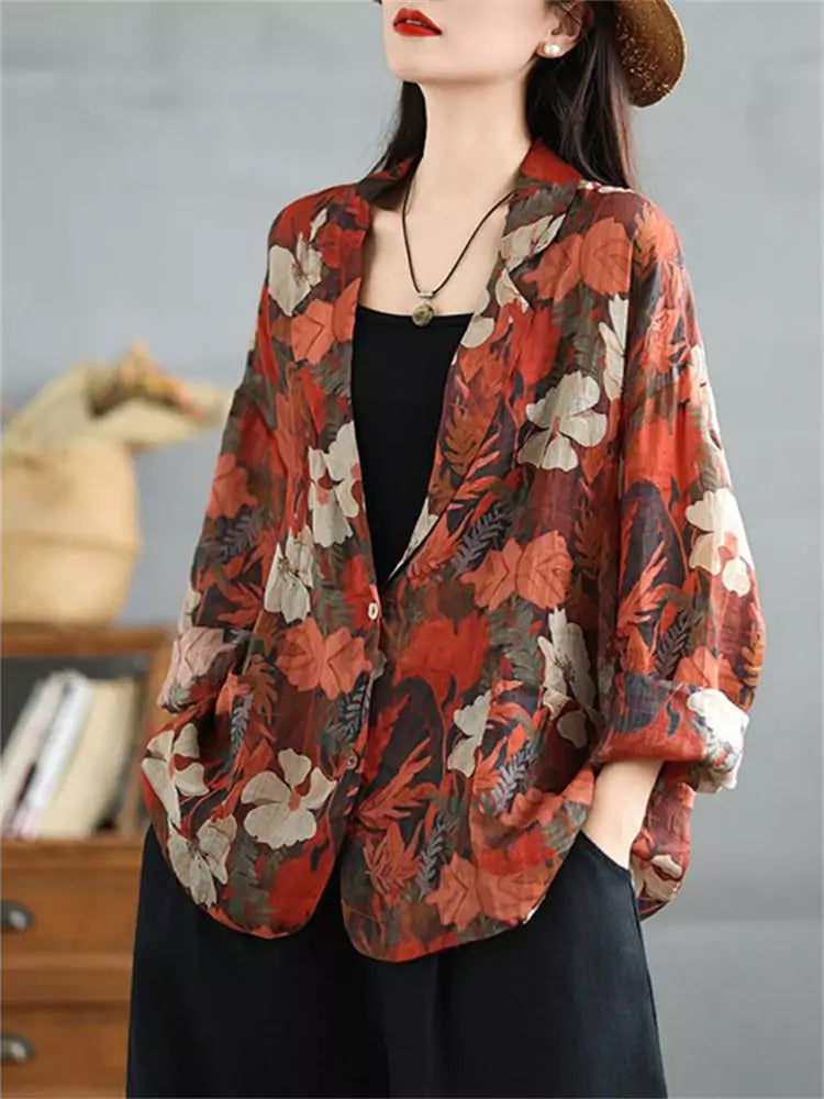 Women's Bohemian Printed Ramie Linen Blazer Sun Protection Top