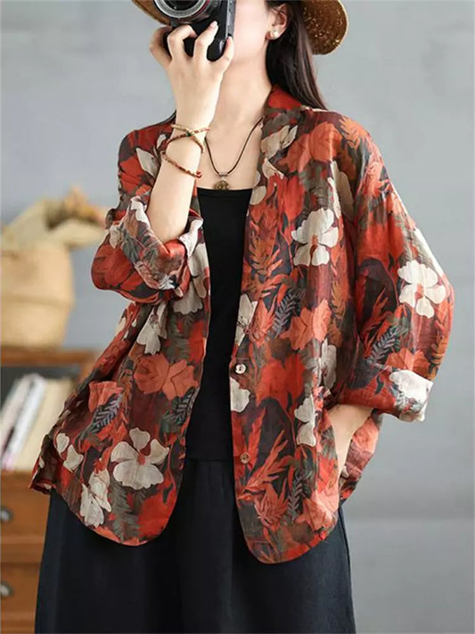 Women's Bohemian Printed Ramie Linen Blazer Sun Protection Top