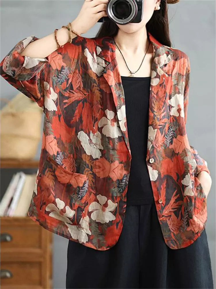 Women's Bohemian Printed Ramie Linen Blazer Sun Protection Top