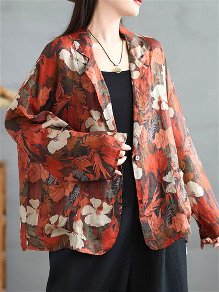 Women's Bohemian Printed Ramie Linen Blazer Sun Protection Top