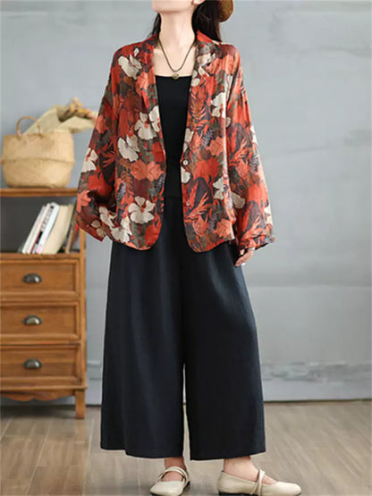 Damen-Blazer aus bedrucktem Ramie-Leinen im Bohème-Stil mit Sonnenschutz