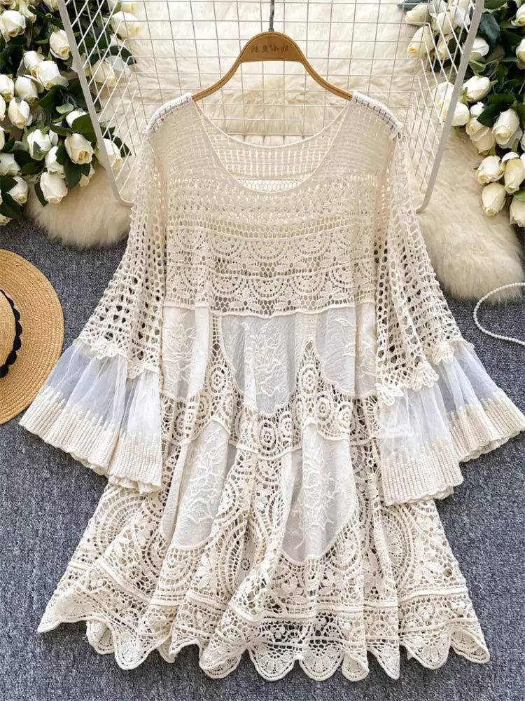 Bohemian Vintage Loose Knit Dress with Crochet Details