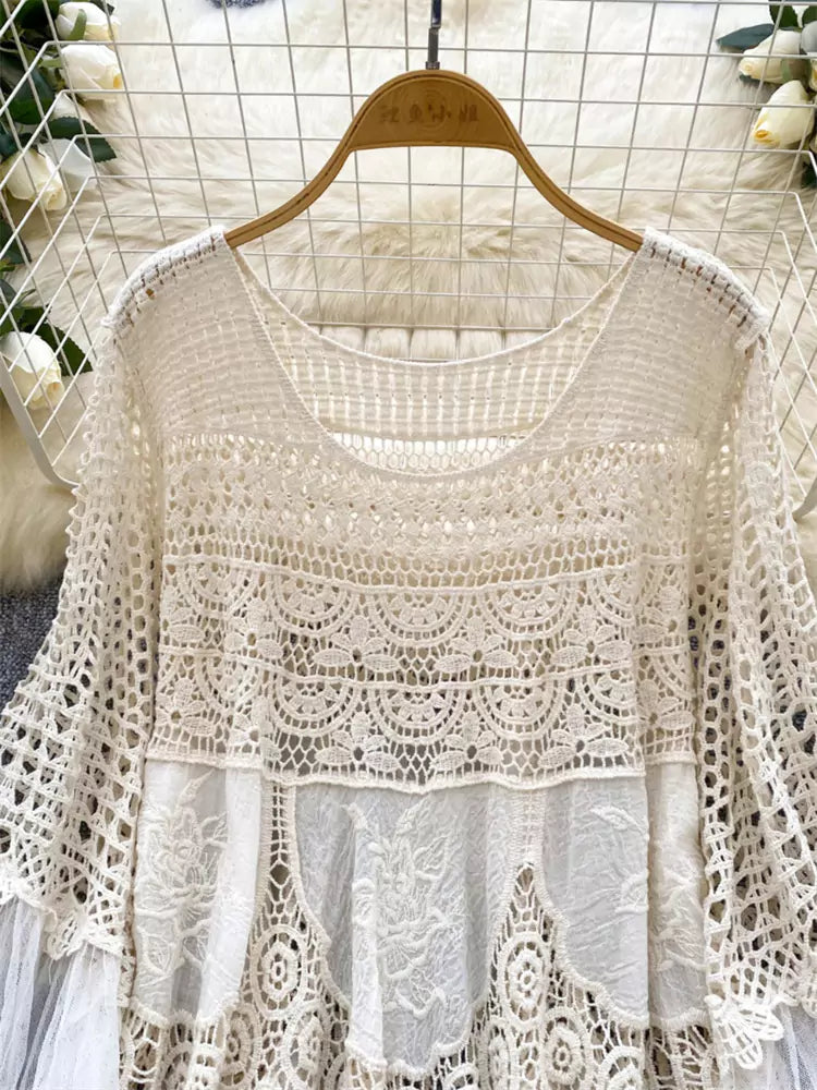 Bohemian Vintage Loose Knit Dress with Crochet Details