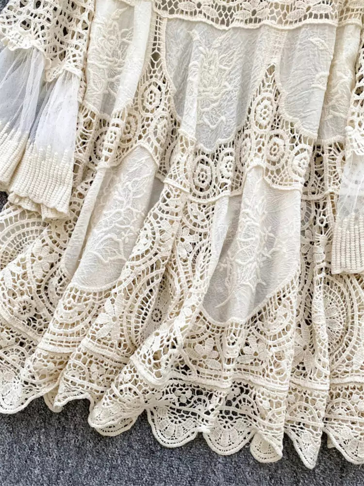 Bohemian Vintage Loose Knit Dress with Crochet Details