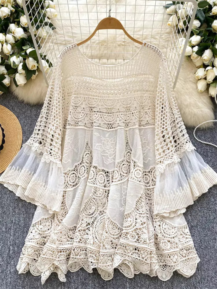 Bohemian Vintage Loose Knit Dress with Crochet Details