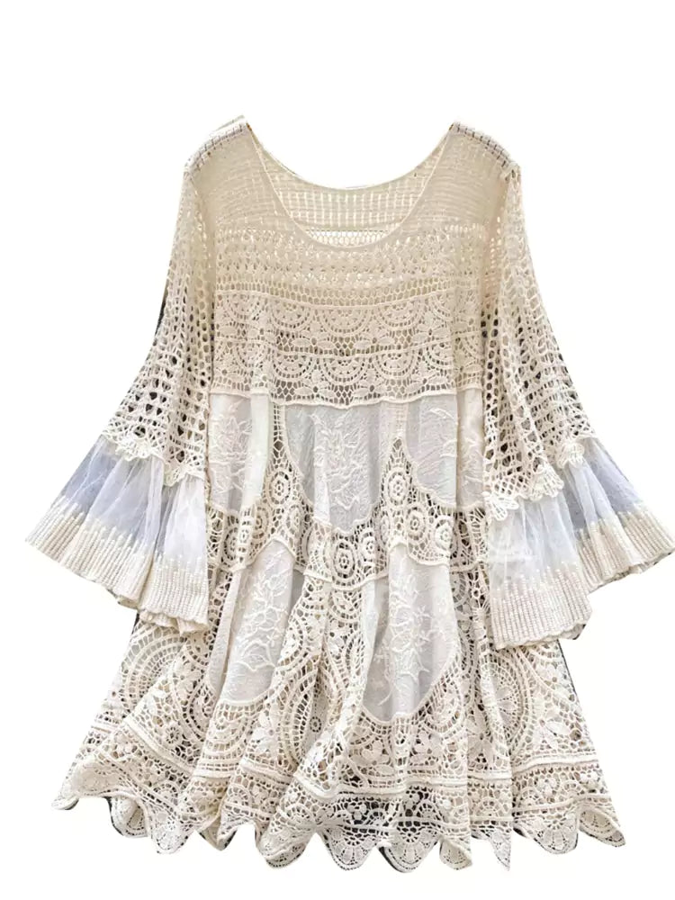 Bohemian Vintage Loose Knit Dress with Crochet Details