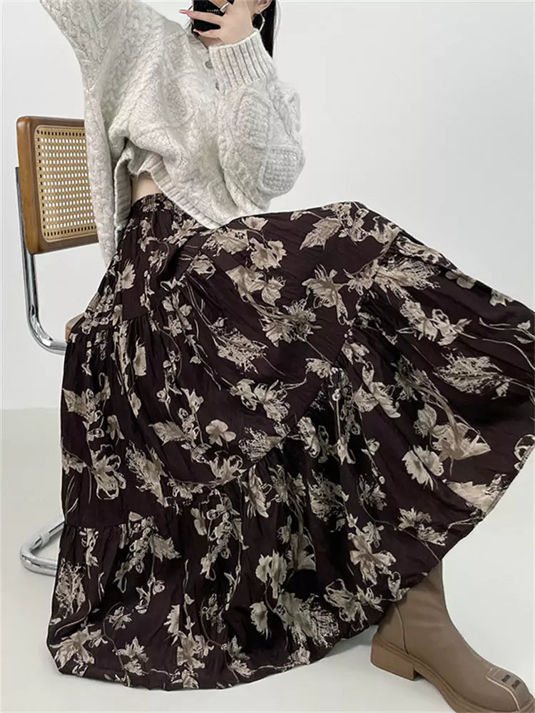 Boho-Chic-Maxirock mit Raffungen, Blumenmuster und dickem Futter