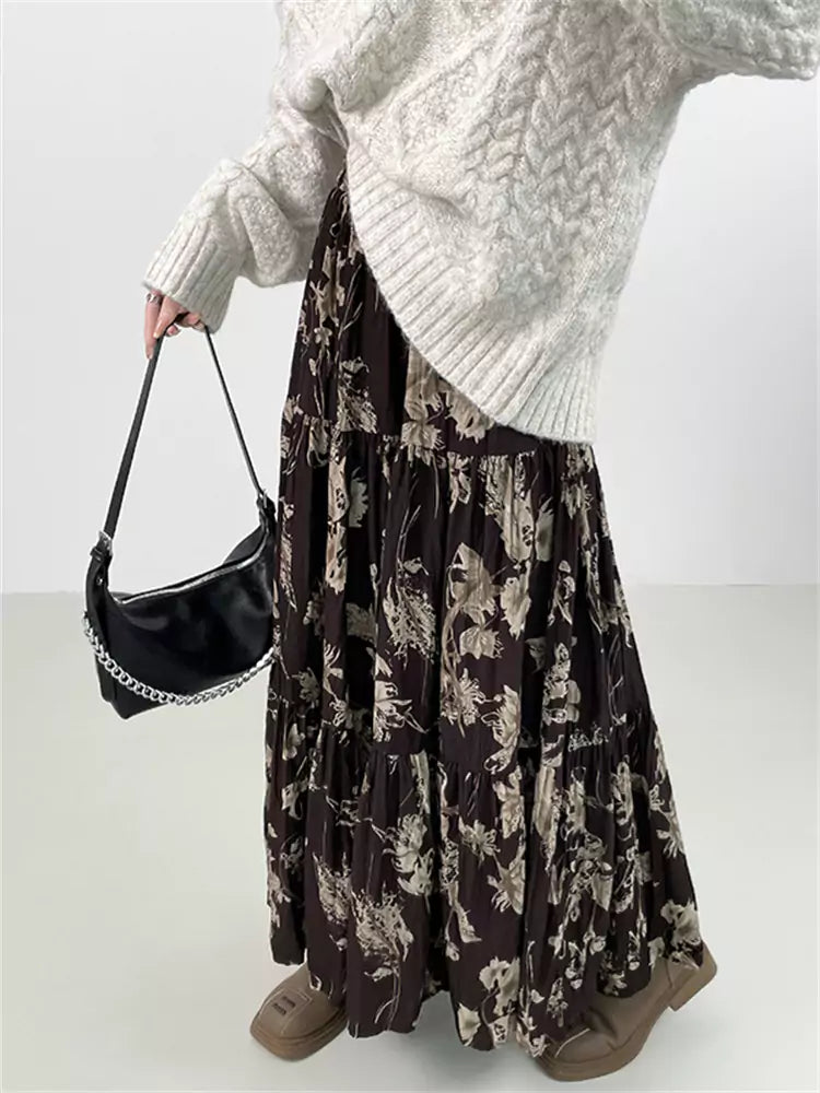 Boho Chic Ruched Floral Maxi Skirt with Thick Lining