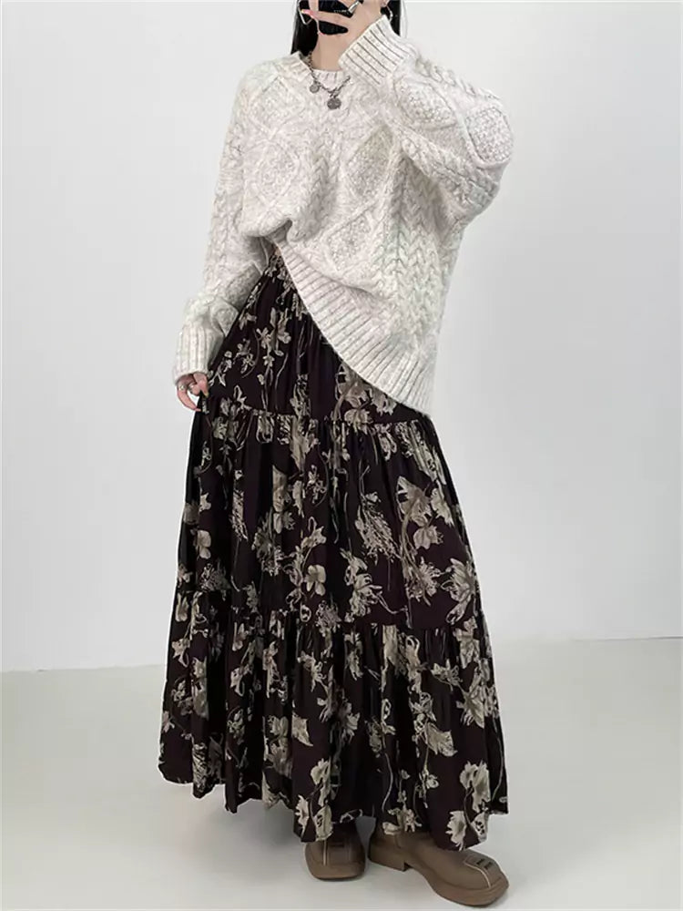 Boho Chic Ruched Floral Maxi Skirt with Thick Lining