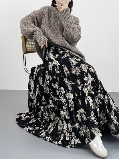 Falda larga floral fruncida estilo bohemio chic con forro grueso