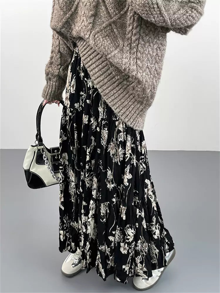 Boho-Chic-Maxirock mit Raffungen, Blumenmuster und dickem Futter