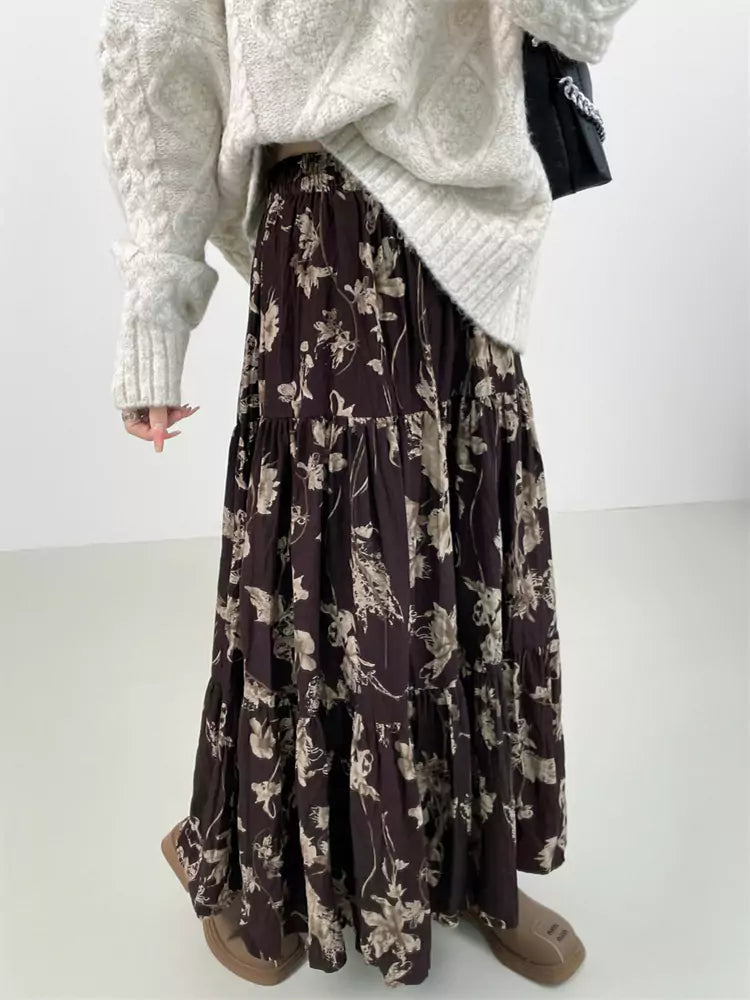 Boho Chic Ruched Floral Maxi Skirt with Thick Lining