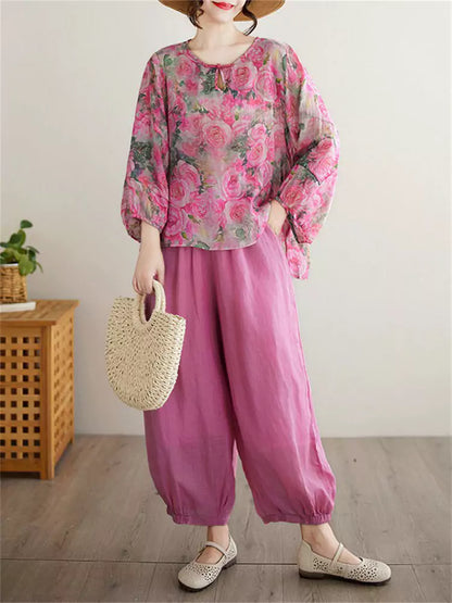 Boho Chic Ruffle Sleeve Set - Floral Print Tee with Elastic Waist Culottes