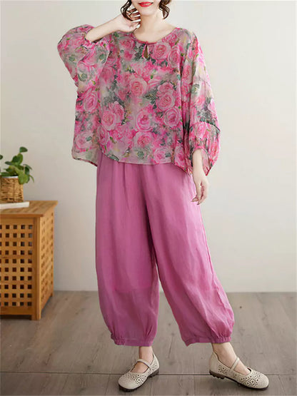 Boho Chic Ruffle Sleeve Set - Floral Print Tee with Elastic Waist Culottes