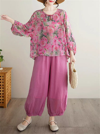 Boho Chic Ruffle Sleeve Set - Floral Print Tee with Elastic Waist Culottes