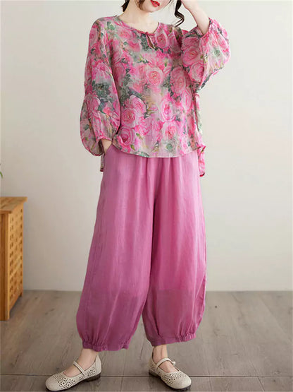 Boho Chic Ruffle Sleeve Set - Floral Print Tee with Elastic Waist Culottes