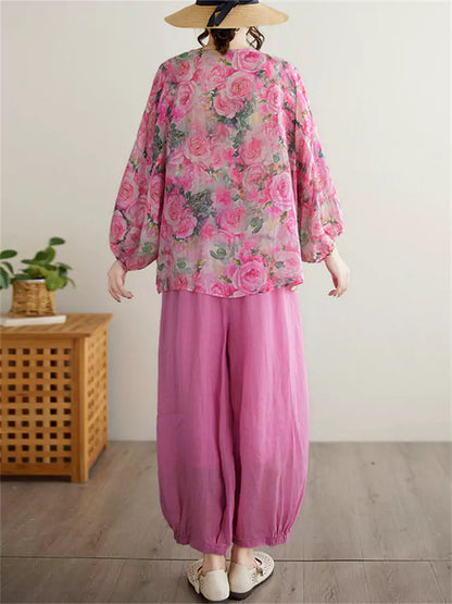 Boho Chic Ruffle Sleeve Set - Floral Print Tee with Elastic Waist Culottes