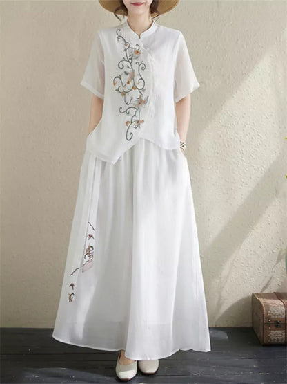 Boho Embroidered Stand Collar Top & Flowy Palazzo Pants Set