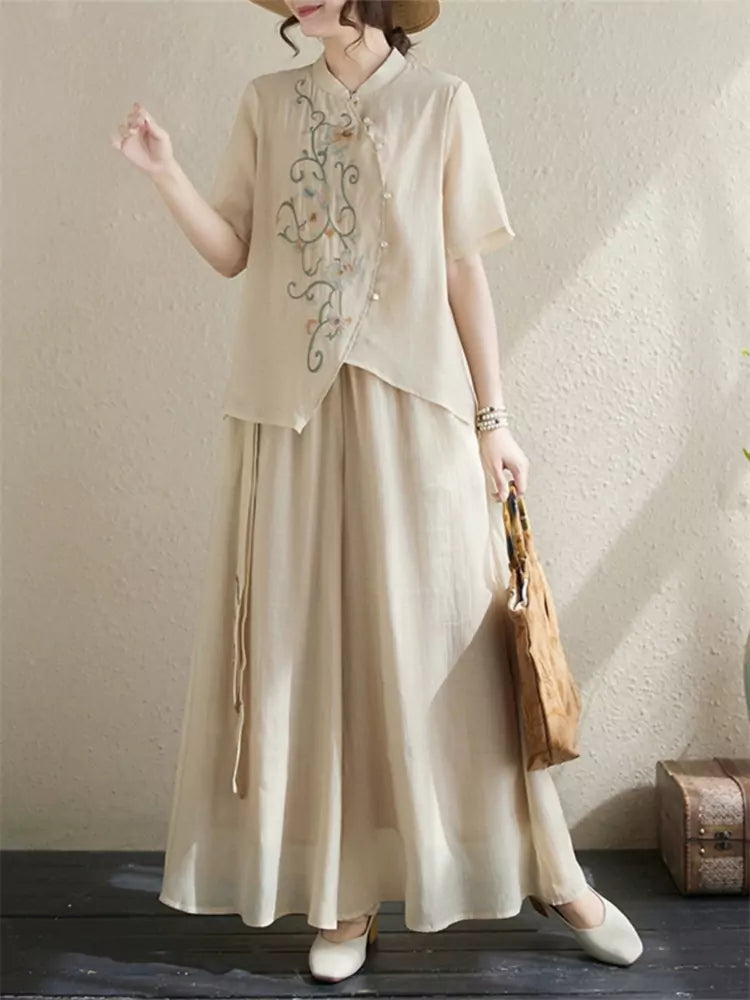 Boho Embroidered Stand Collar Top & Flowy Palazzo Pants Set