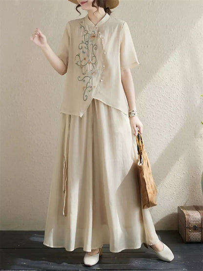 Boho Embroidered Stand Collar Top & Flowy Palazzo Pants Set