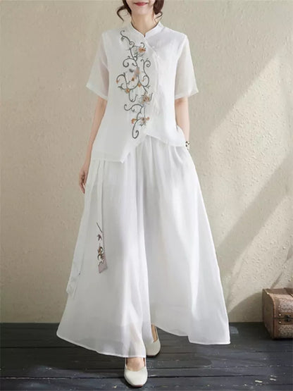 Boho Embroidered Stand Collar Top & Flowy Palazzo Pants Set
