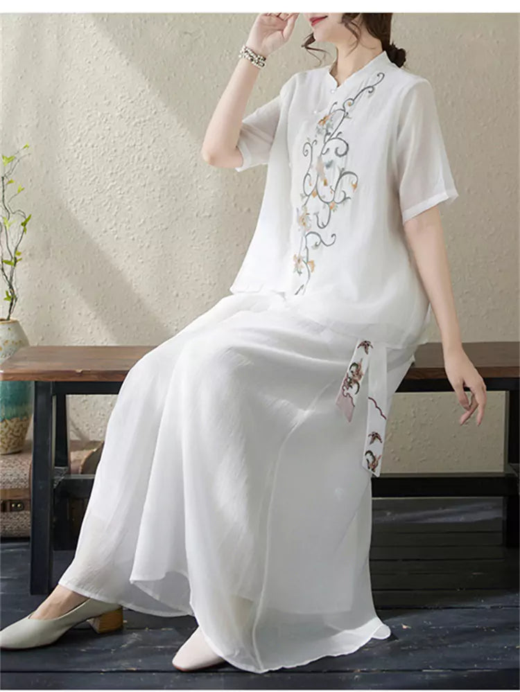 Boho Embroidered Stand Collar Top & Flowy Palazzo Pants Set
