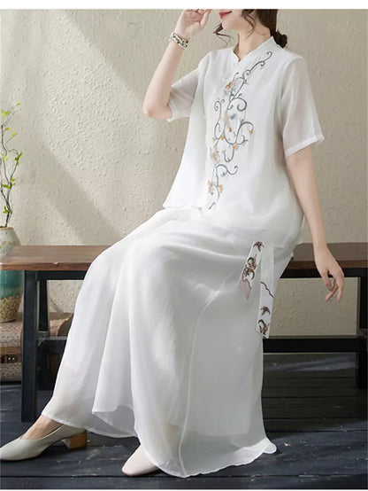 Boho Embroidered Stand Collar Top & Flowy Palazzo Pants Set