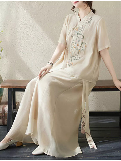 Boho Embroidered Stand Collar Top & Flowy Palazzo Pants Set