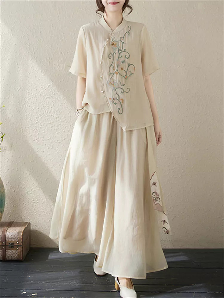 Boho Embroidered Stand Collar Top & Flowy Palazzo Pants Set