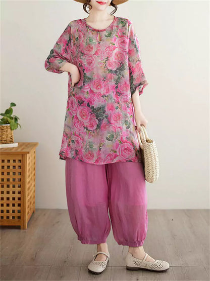 Boho 3/4 Sleeve Round Neck Floral Print Tunic Top with Elastic Waist Lantern Pants