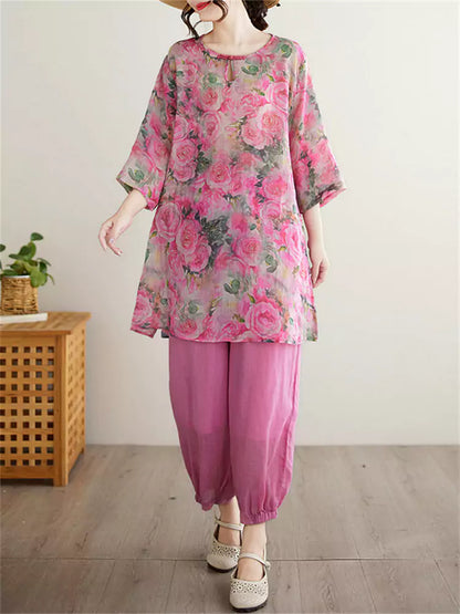 Boho 3/4 Sleeve Round Neck Floral Print Tunic Top with Elastic Waist Lantern Pants