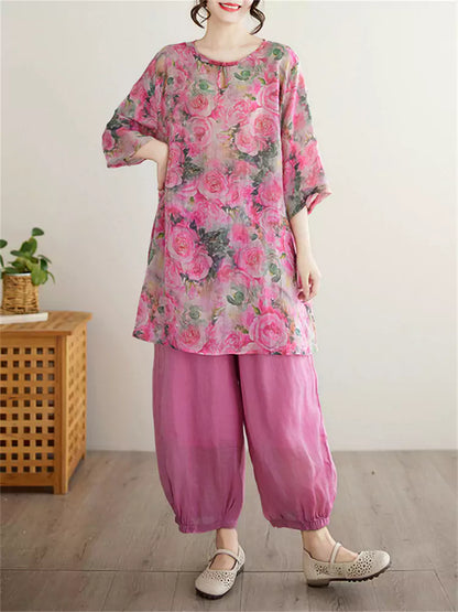 Boho 3/4 Sleeve Round Neck Floral Print Tunic Top with Elastic Waist Lantern Pants