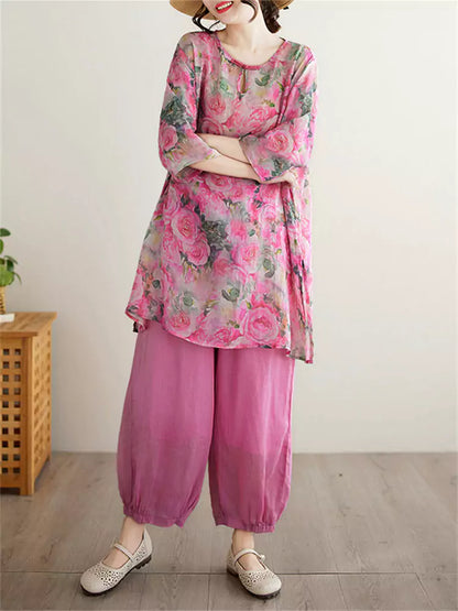 Boho 3/4 Sleeve Round Neck Floral Print Tunic Top with Elastic Waist Lantern Pants